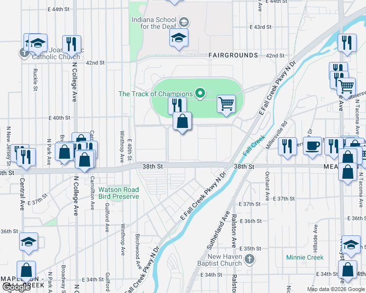 map of restaurants, bars, coffee shops, grocery stores, and more near 1256-1498 E 38th St in Indianapolis