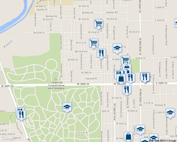 map of restaurants, bars, coffee shops, grocery stores, and more near 406 West 39th Street in Indianapolis