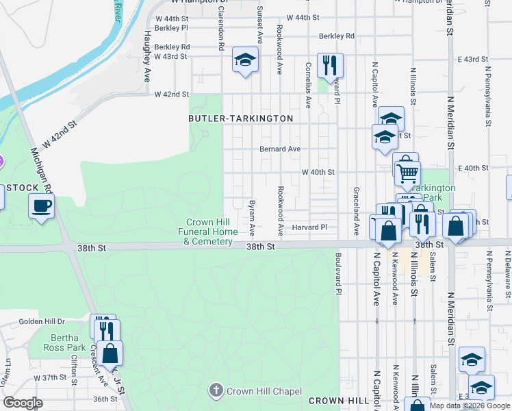 map of restaurants, bars, coffee shops, grocery stores, and more near 3853 Byram Avenue in Indianapolis