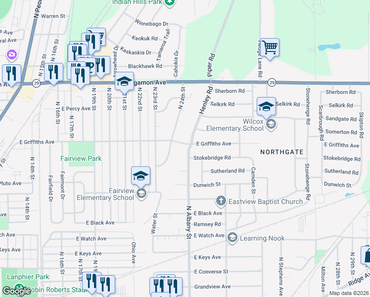 map of restaurants, bars, coffee shops, grocery stores, and more near 1909 North Albany Street in Springfield