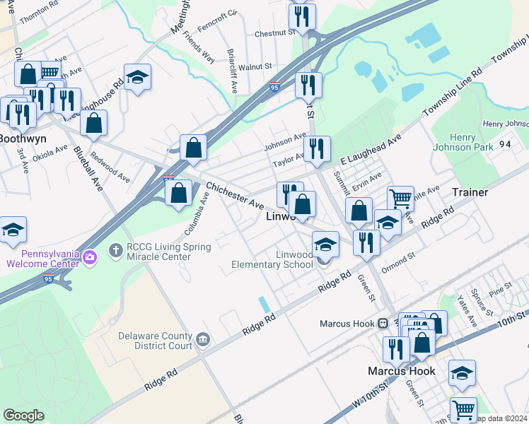 map of restaurants, bars, coffee shops, grocery stores, and more near 1636 Chichester Avenue in Linwood
