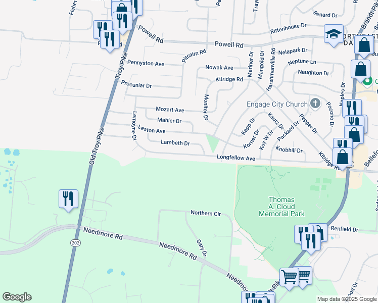 map of restaurants, bars, coffee shops, grocery stores, and more near 4430 Longfellow Avenue in Dayton
