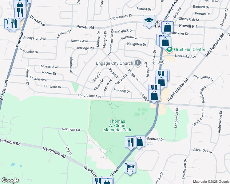 map of restaurants, bars, coffee shops, grocery stores, and more near 5021 Packard Drive in Dayton