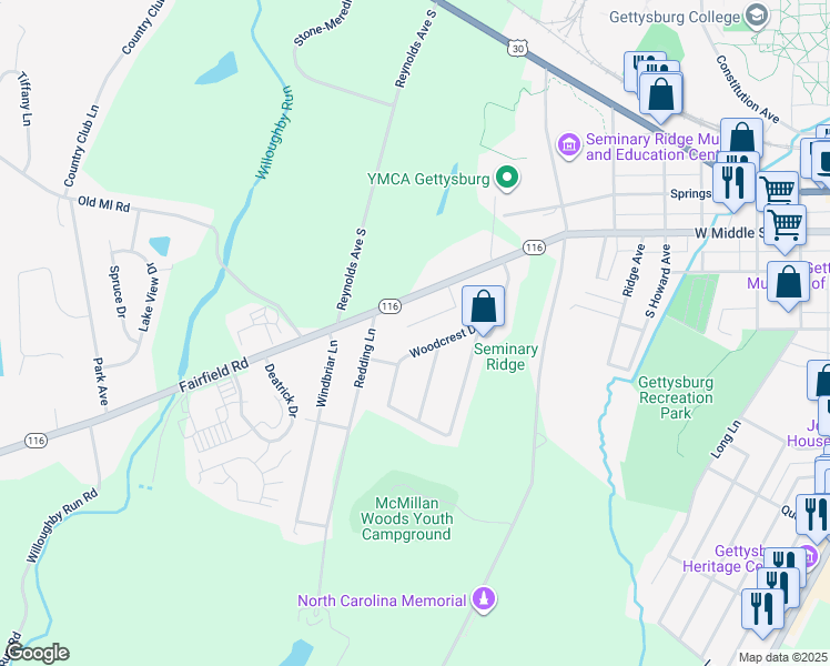 map of restaurants, bars, coffee shops, grocery stores, and more near 603 Hills Drive in Gettysburg