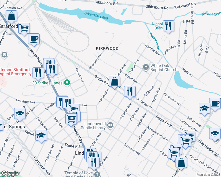 map of restaurants, bars, coffee shops, grocery stores, and more near 519 Locust Avenue in Lindenwold