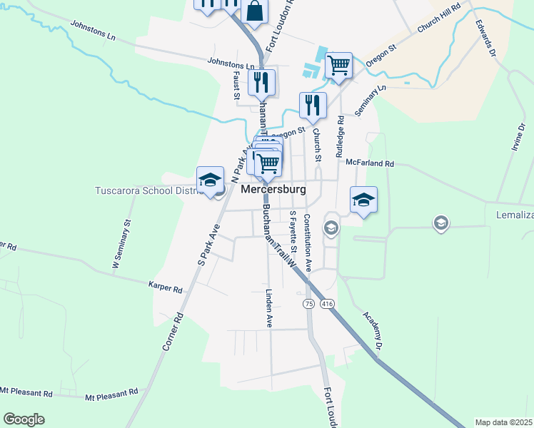 map of restaurants, bars, coffee shops, grocery stores, and more near 49 North Main Street in Mercersburg