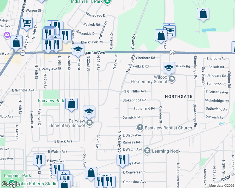 map of restaurants, bars, coffee shops, grocery stores, and more near 1909 North Albany Street in Springfield