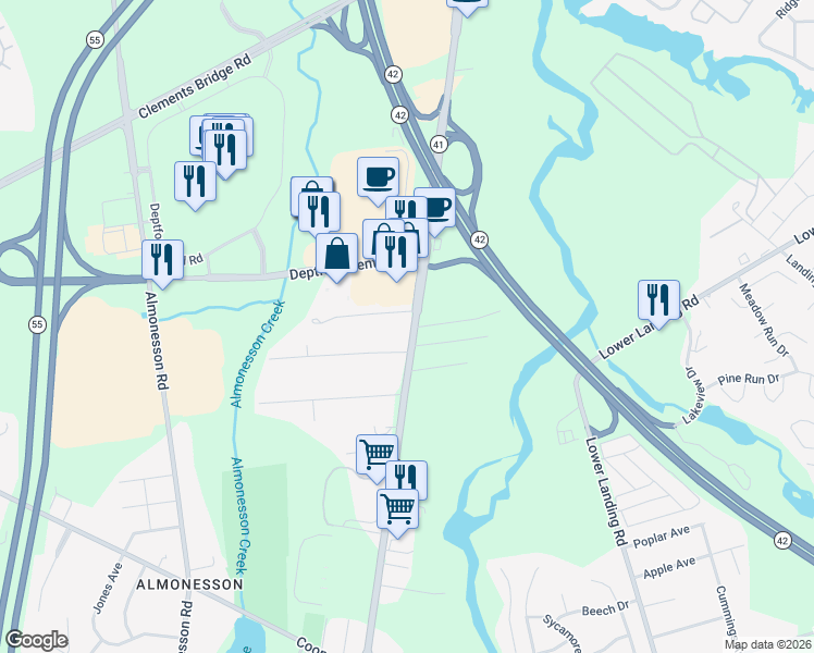 map of restaurants, bars, coffee shops, grocery stores, and more near 1254 Hurffville Road in Deptford