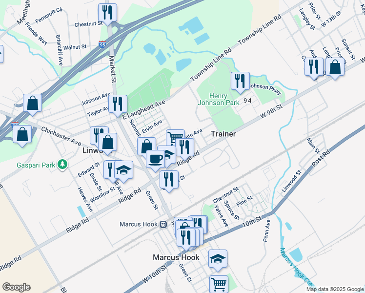 map of restaurants, bars, coffee shops, grocery stores, and more near 1427 Yates Avenue in Linwood