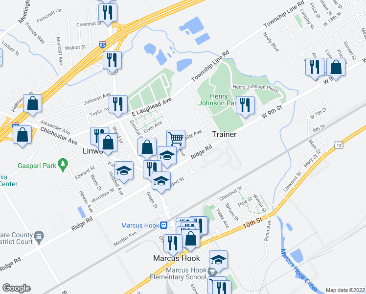 map of restaurants, bars, coffee shops, grocery stores, and more near 1427 Yates Avenue in Linwood