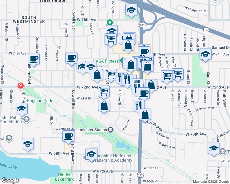 map of restaurants, bars, coffee shops, grocery stores, and more near 3250 West 72nd Avenue in Westminster