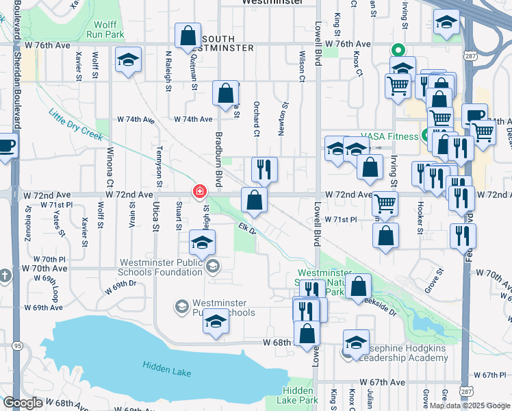 map of restaurants, bars, coffee shops, grocery stores, and more near 7190 Newton Street in Westminster