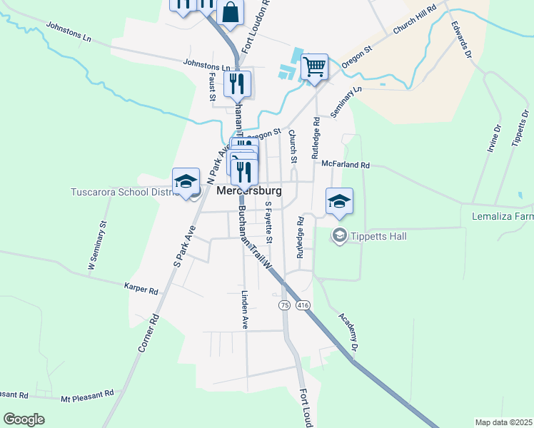map of restaurants, bars, coffee shops, grocery stores, and more near 112 South Fayette Street in Mercersburg