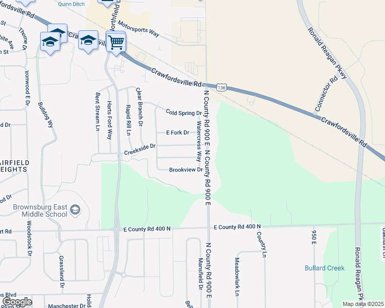 map of restaurants, bars, coffee shops, grocery stores, and more near 1846 Quinn Creek Drive in Brownsburg