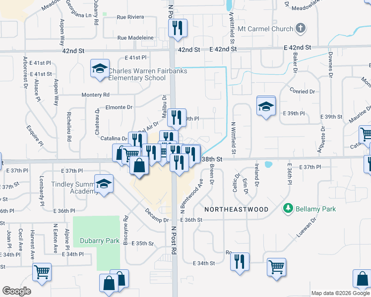 map of restaurants, bars, coffee shops, grocery stores, and more near 9050 East 38th Street in Indianapolis