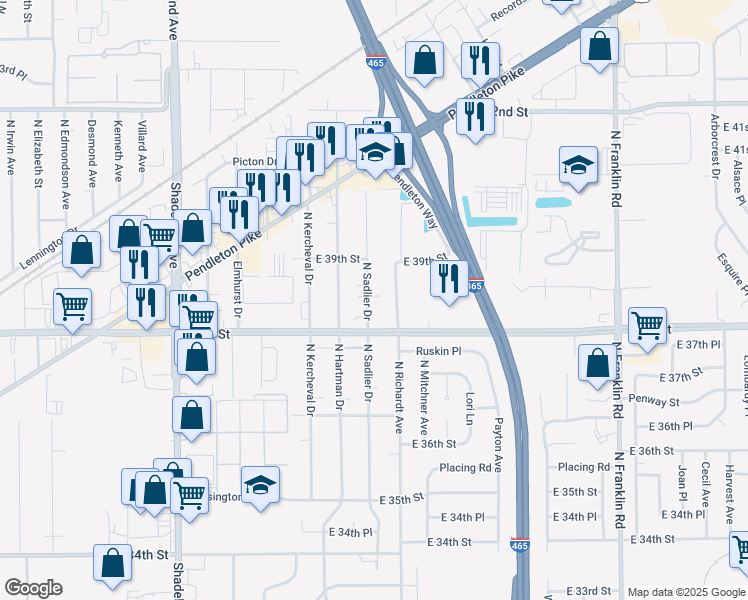 map of restaurants, bars, coffee shops, grocery stores, and more near 3812 North Richardt Avenue in Indianapolis