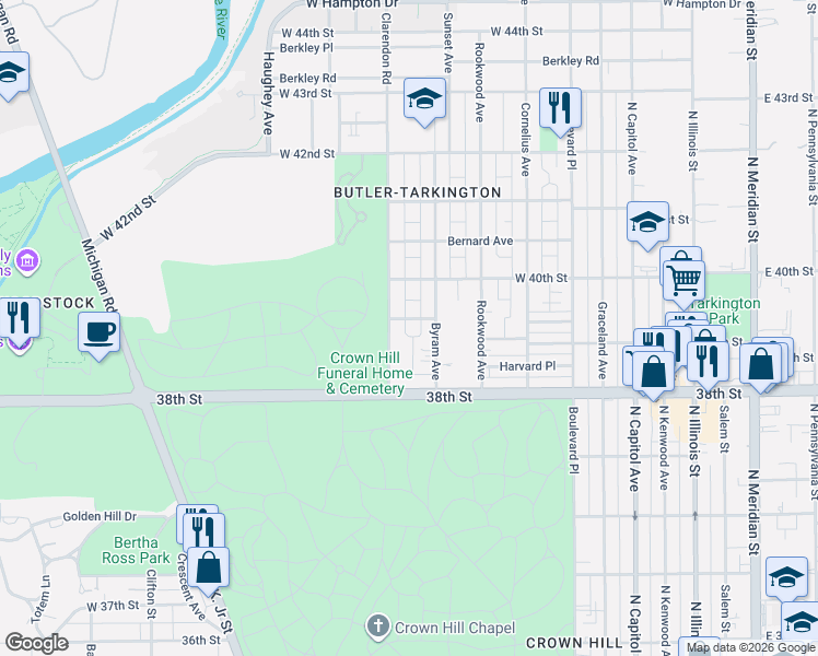 map of restaurants, bars, coffee shops, grocery stores, and more near 3843 Clarendon Road in Indianapolis