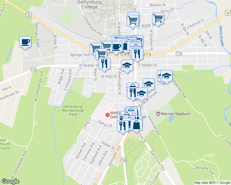 map of restaurants, bars, coffee shops, grocery stores, and more near 300 Warner Alley in Gettysburg