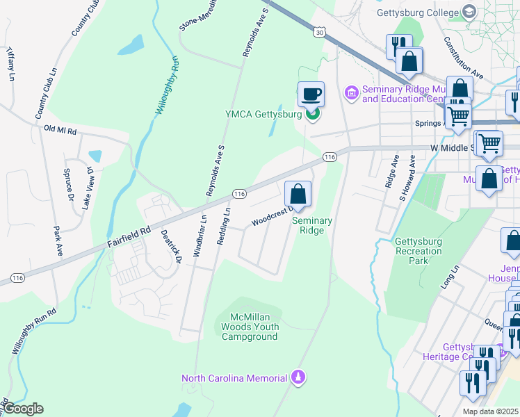 map of restaurants, bars, coffee shops, grocery stores, and more near 503 Hills Drive in Gettysburg