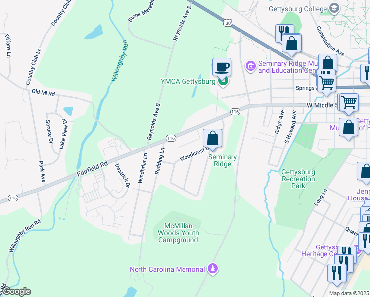 map of restaurants, bars, coffee shops, grocery stores, and more near 503 Hills Drive in Gettysburg