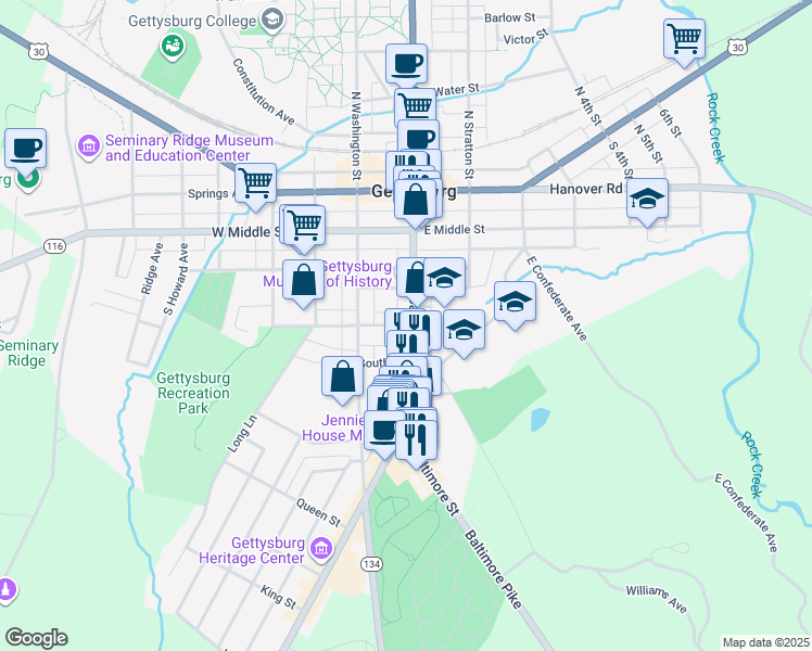 map of restaurants, bars, coffee shops, grocery stores, and more near 22 Breckenridge Street in Gettysburg