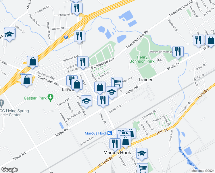 map of restaurants, bars, coffee shops, grocery stores, and more near 131 Harvey Avenue in Linwood