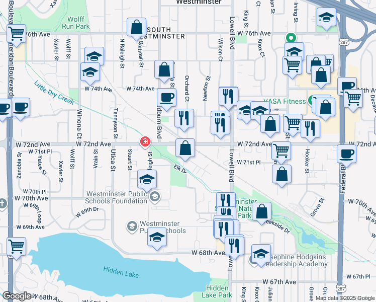 map of restaurants, bars, coffee shops, grocery stores, and more near 7190 Newton Street in Westminster