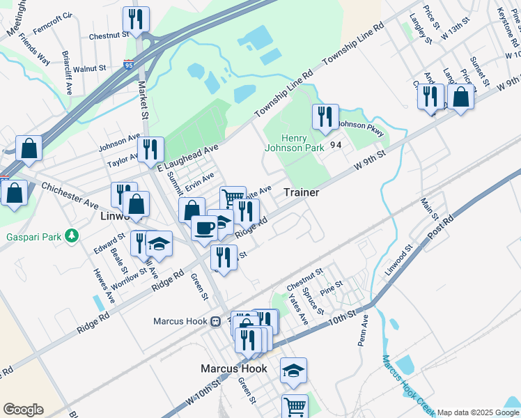 map of restaurants, bars, coffee shops, grocery stores, and more near 1414 Simpson Street in Linwood