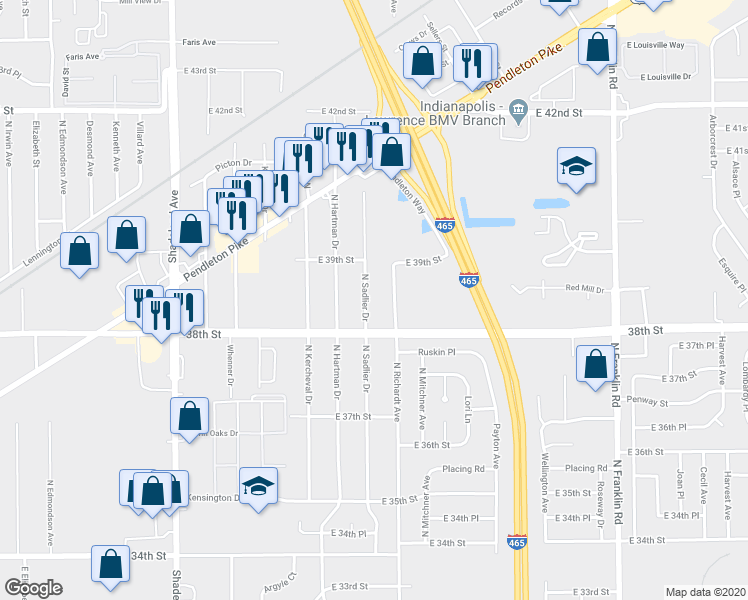 map of restaurants, bars, coffee shops, grocery stores, and more near 3829 N Sadlier Dr in Indianapolis