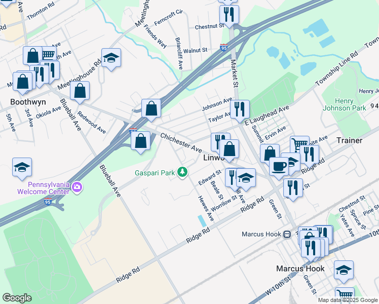 map of restaurants, bars, coffee shops, grocery stores, and more near 1664 Chichester Avenue in Marcus Hook