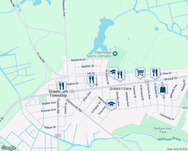 map of restaurants, bars, coffee shops, grocery stores, and more near 45 Oak Street in Greenwich Township