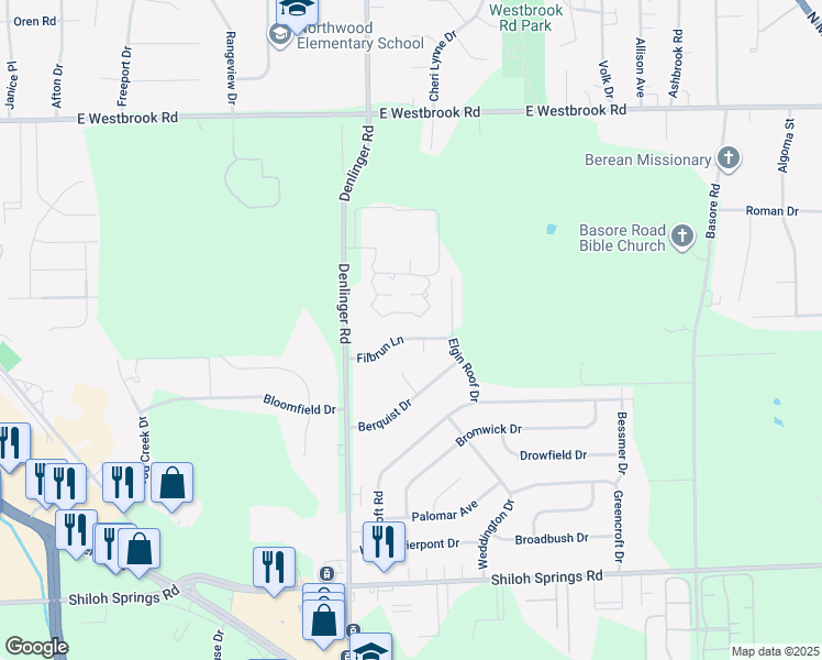 map of restaurants, bars, coffee shops, grocery stores, and more near 4400 Filbrun Lane in Dayton