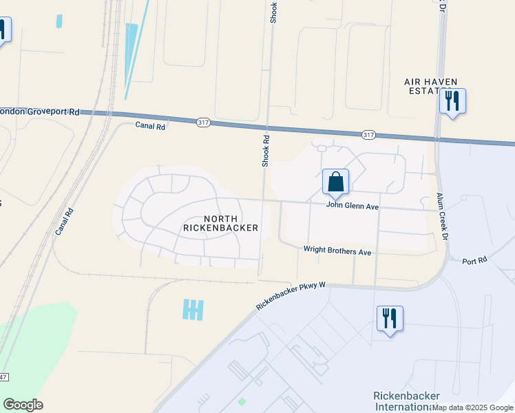 map of restaurants, bars, coffee shops, grocery stores, and more near 6829 Shook Road in Columbus