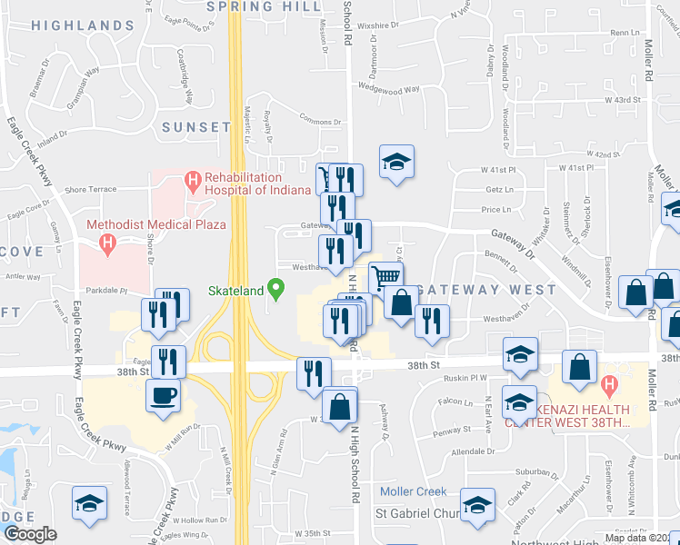 map of restaurants, bars, coffee shops, grocery stores, and more near 3940 North High School Road in Indianapolis