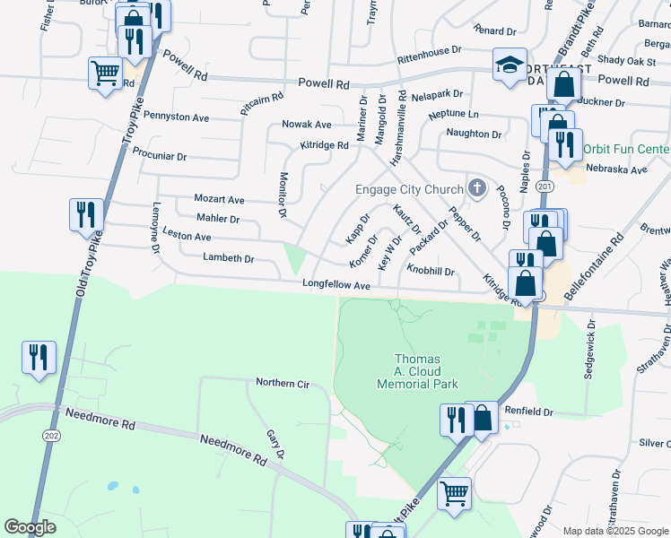 map of restaurants, bars, coffee shops, grocery stores, and more near 4516 Korner Drive in Dayton