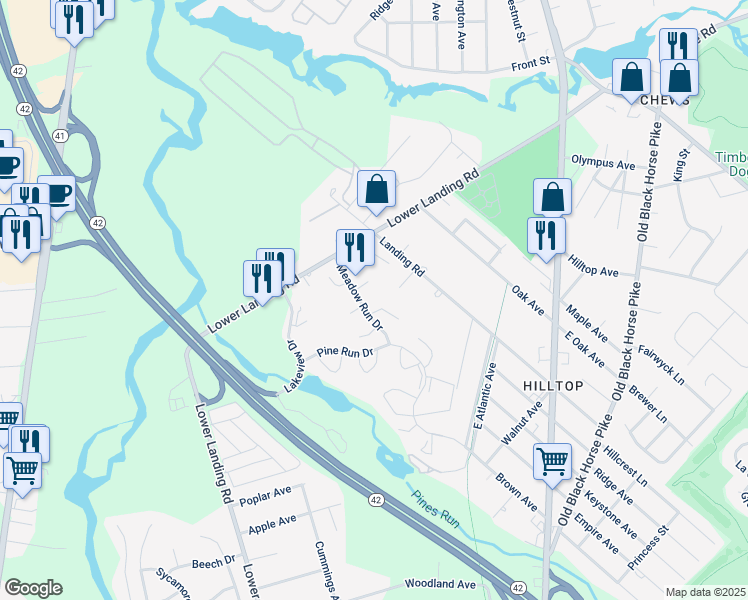 map of restaurants, bars, coffee shops, grocery stores, and more near 2 Linden Court in Camden County