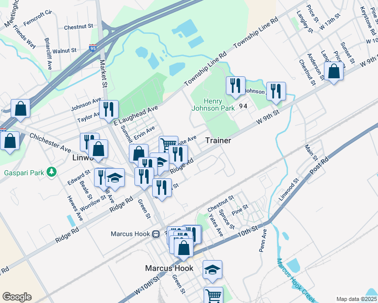 map of restaurants, bars, coffee shops, grocery stores, and more near 1414 Simpson Street in Linwood
