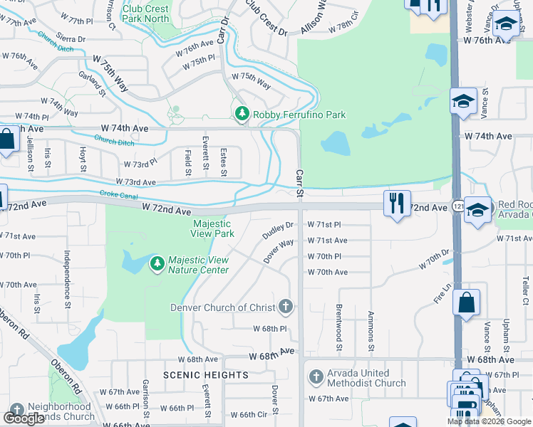 map of restaurants, bars, coffee shops, grocery stores, and more near 8604 West 71st Circle in Arvada