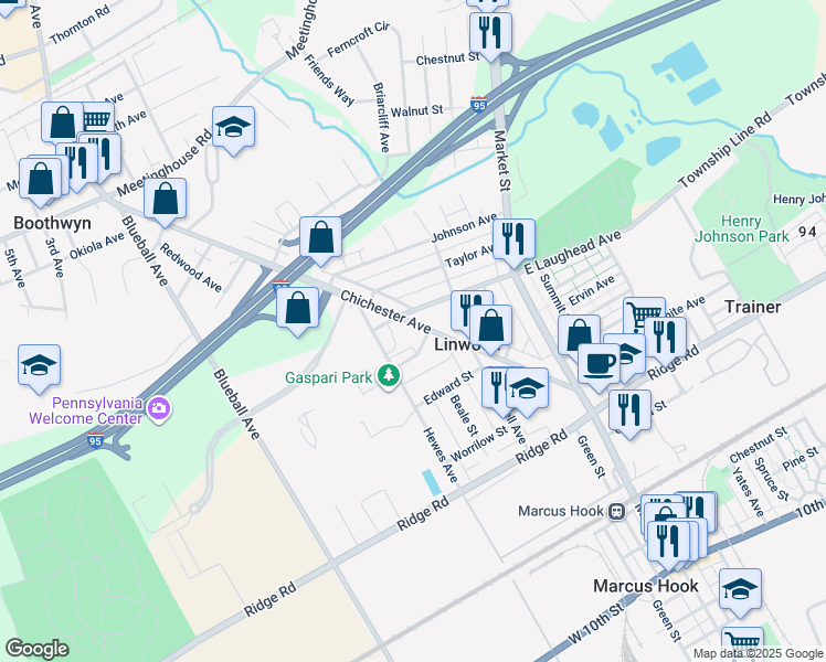 map of restaurants, bars, coffee shops, grocery stores, and more near 118 Jones Drive in Linwood