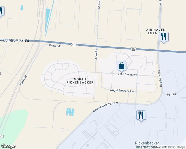 map of restaurants, bars, coffee shops, grocery stores, and more near 6829 Shook Road in Columbus