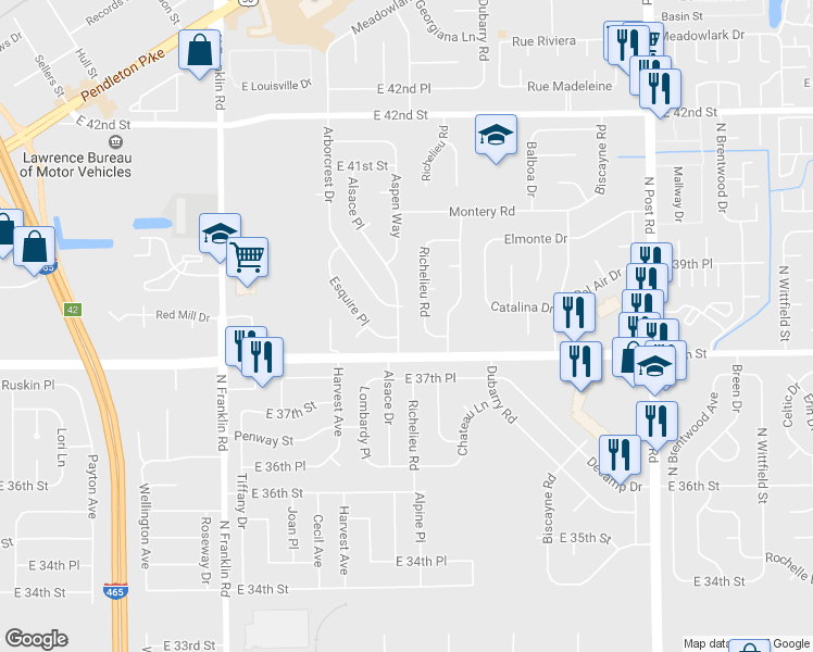 map of restaurants, bars, coffee shops, grocery stores, and more near 3830 Richelieu Road in Indianapolis