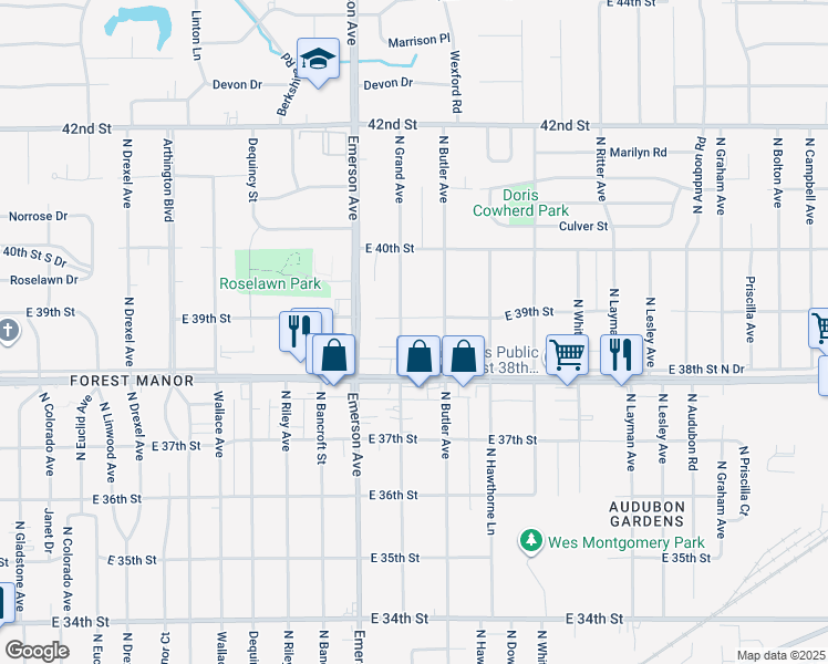 map of restaurants, bars, coffee shops, grocery stores, and more near 3814 North Grand Avenue in Indianapolis
