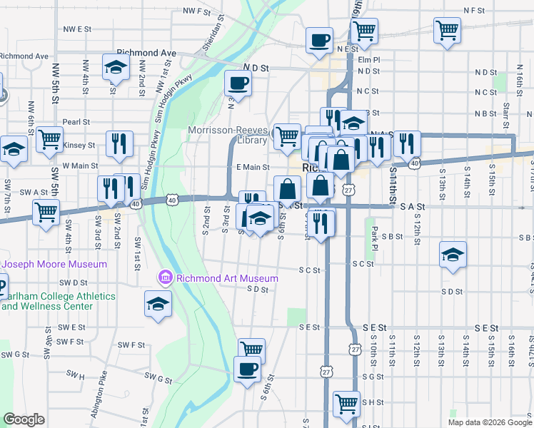 map of restaurants, bars, coffee shops, grocery stores, and more near 131 South 5th Street in Richmond
