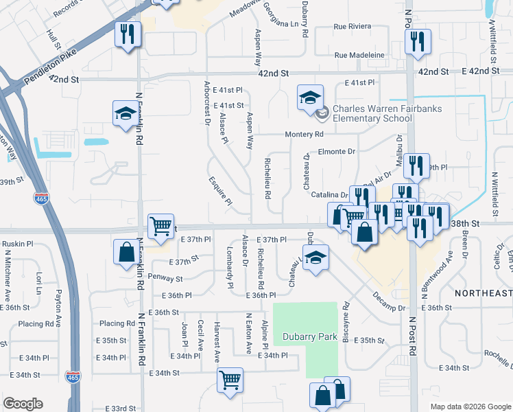map of restaurants, bars, coffee shops, grocery stores, and more near 3830 Richelieu Road in Indianapolis