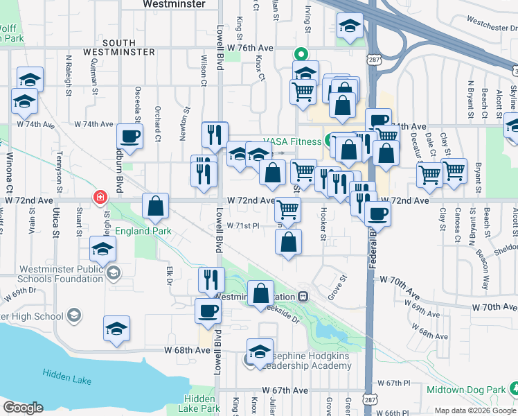 map of restaurants, bars, coffee shops, grocery stores, and more near 7101 Julian Way in Westminster