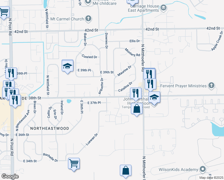 map of restaurants, bars, coffee shops, grocery stores, and more near 3814 Strathmore Drive in Indianapolis
