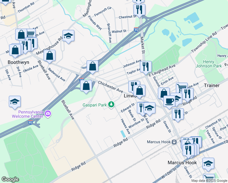 map of restaurants, bars, coffee shops, grocery stores, and more near 1670 Chichester Avenue in Linwood