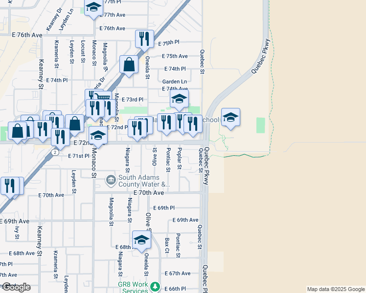map of restaurants, bars, coffee shops, grocery stores, and more near 7200 East 72nd Avenue in Commerce City