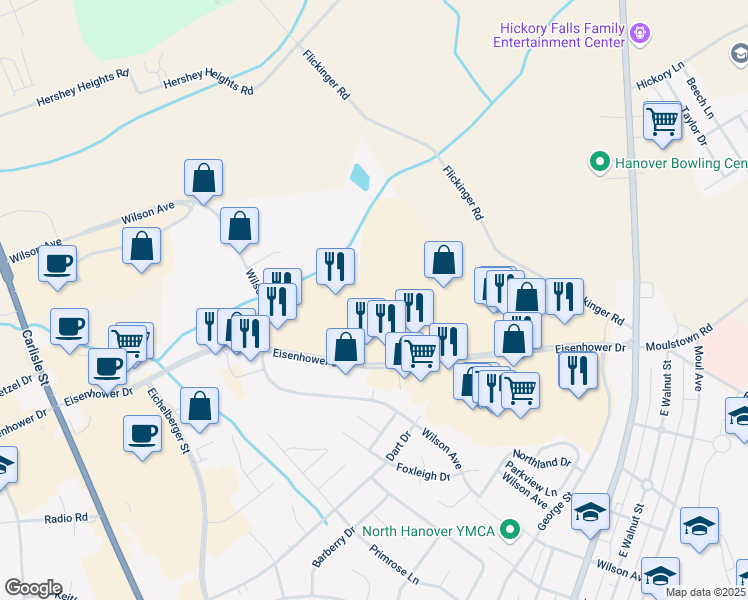 map of restaurants, bars, coffee shops, grocery stores, and more near 360 Eisenhower Drive in Hanover