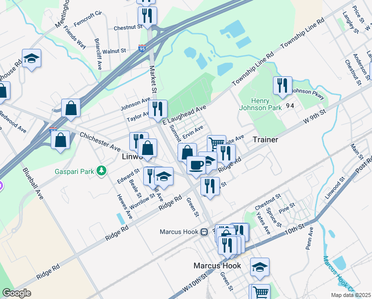 map of restaurants, bars, coffee shops, grocery stores, and more near 101 Chadwick Avenue in Linwood